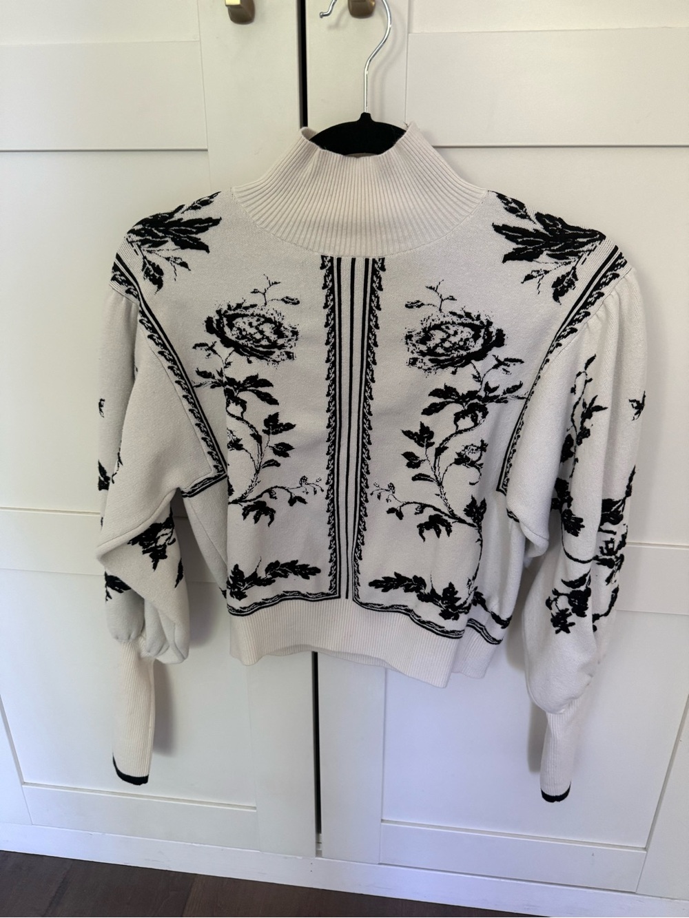 Anthropologie Cream and Black Floral Turtleneck Sweater